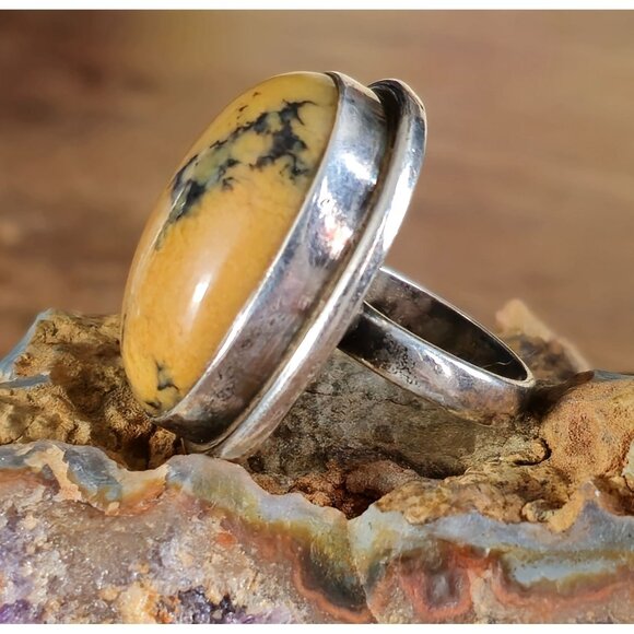 VTG Sterling Silver Feathered Jasper Cabochon Ring Size 7 Bezel Setting Statemen - Picture 3 of 8